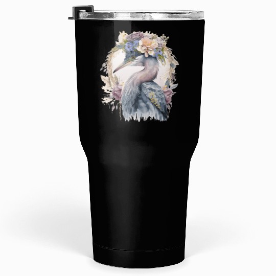 Watercolor Heron Freshwater Bird Watching Flower C Tumblers 30 Oz