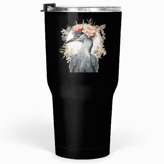 Watercolor Heron Freshwater Bird Flower Crown Flor Tumblers 30 Oz