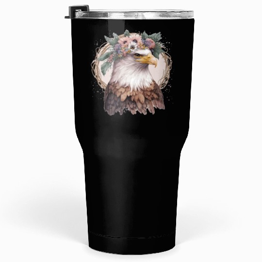 Watercolor Bald Eagle Flower Crown Floral Bird Wat Tumblers 30 Oz