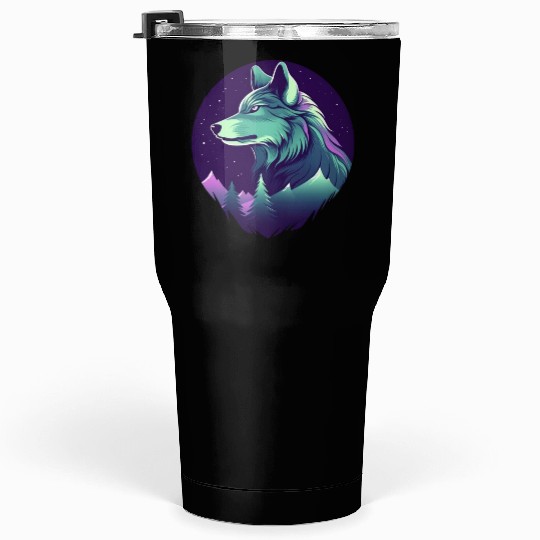 Starry Night Wolf With Northern Light Colors Tumblers 30 Oz