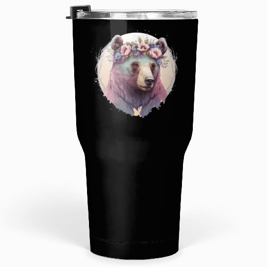 Cute Watercolor Grizzly Bear Flower Crown Floral A Tumblers 30 Oz