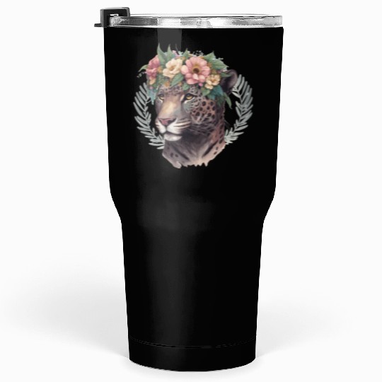 Watercolor Jaguar Flower Crown Wild Cat Lover Tumblers 30 Oz