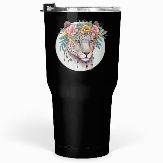 Floral Jaguar Flower Crown Watercolor Animal Tumblers 30 Oz