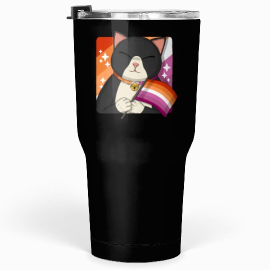 Cute Tuxedo Cat Holding Lesbian Pride Flag Tumblers 30 Oz