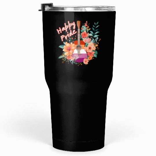 LGBTQ Happy Pride, Retro Guitar & Flowers, Lesbian Tumblers 30 Oz