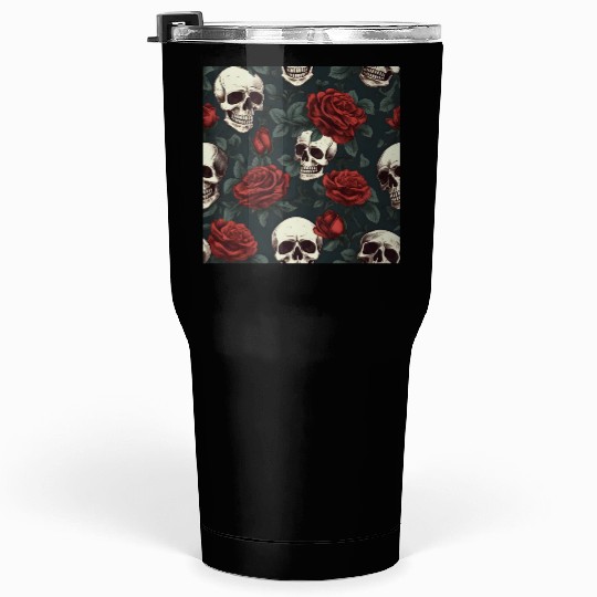 Dark Elegant Gothic Pattern Skulls & Red Roses Tumblers 30 Oz