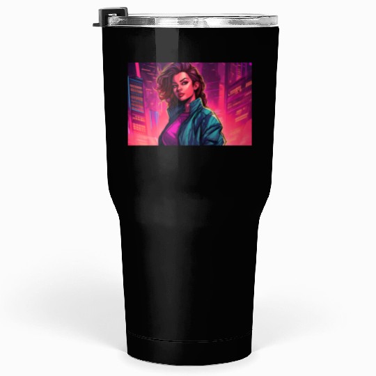 Girl in front of a Neon Pink Cityscape Tumblers 30 Oz