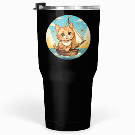 Sailing Cat on Sailboat, Sunset Animal Design Tumblers 30 Oz