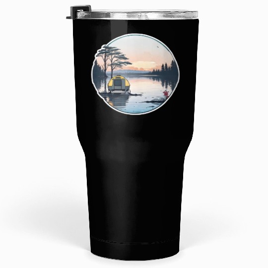A Camper Enjoying A Serene Lakeside Tumblers 30 Oz