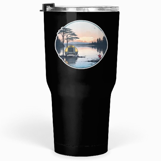 A Camper Enjoying A Serene Lakeside Tumblers 30 Oz