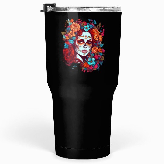 Dia de los muertos woman sugar skull with flowers Tumblers 30 Oz