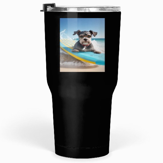 Schnauzer Surfing at Beach On A Surfboard Tumblers 30 Oz