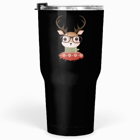 Deer with Christmas sweater and nerd glasses Tumblers 30 Oz