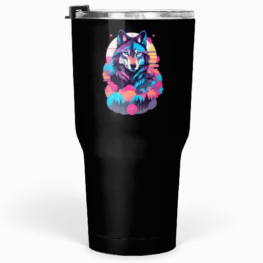 Vaporwave Wolf Tumblers 30 Oz - Neon Blue Eyes