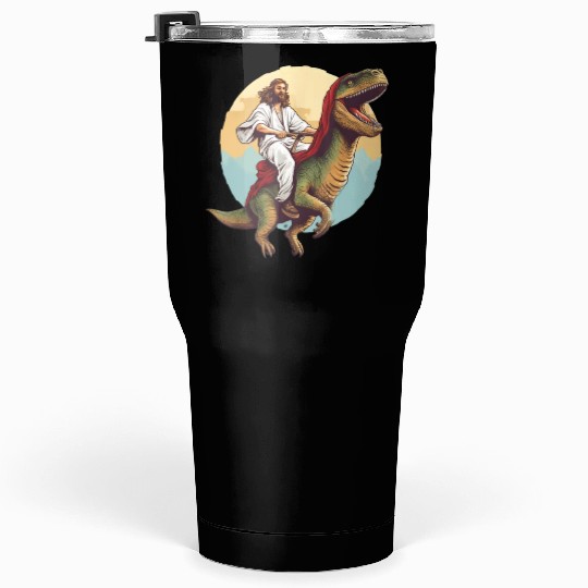 Jesus Riding a Dinosaur Meme Dino Lover Tumblers 30 Oz