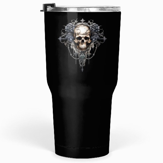 Gothic Art Print with Skull and Roses Tumblers 30 Oz