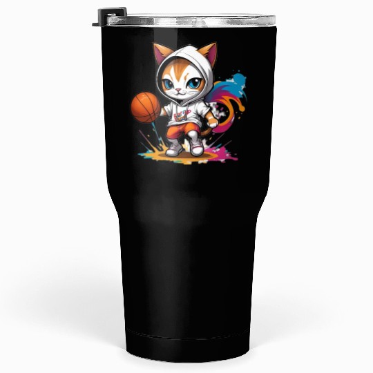 cute cat in Tumblers 30 Oz is playing basketball