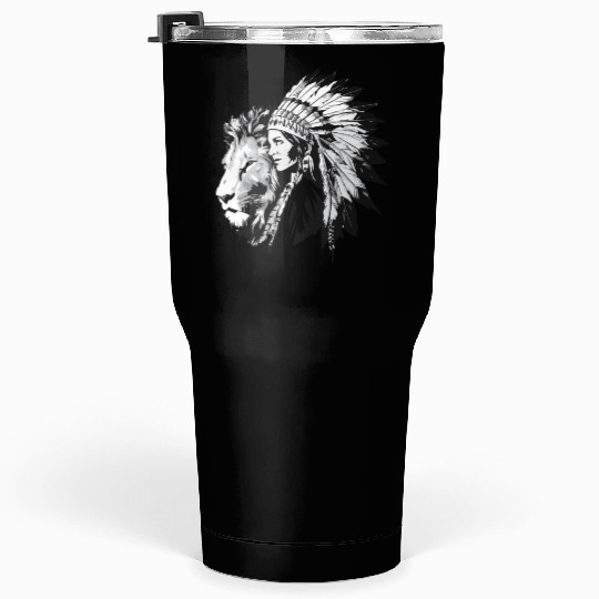 Native American woman and a majestic lion Tumblers 30 Oz