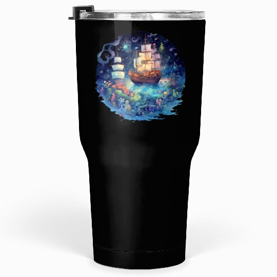 Colorful Traditional Sail Ship at night Tumblers 30 Oz