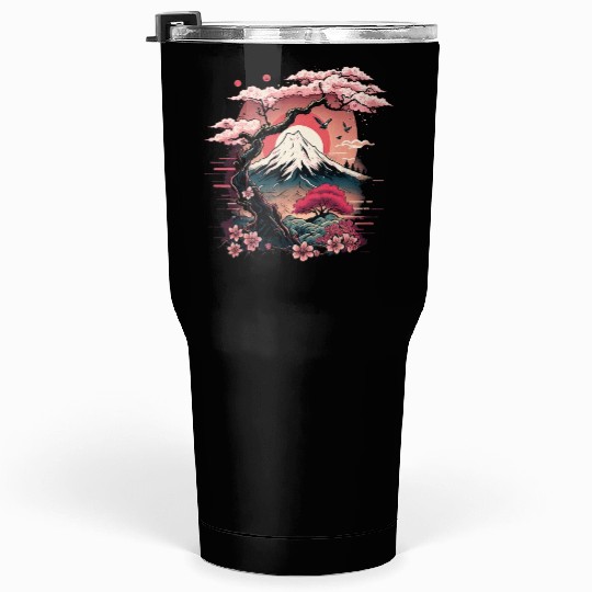Japanese Sakura Garden Geisha Mount Fuji Cherry Tumblers 30 Oz