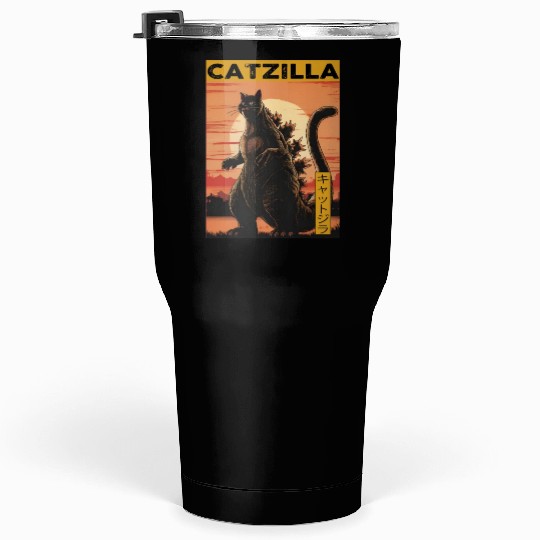 Catzilla Vintage Funny Cute Cat Art Japanese Sunse Tumblers 30 Oz