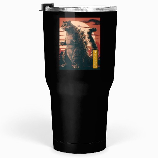 Funny Cute Cat Art Japanese Sunset Retro Catzilla Tumblers 30 Oz