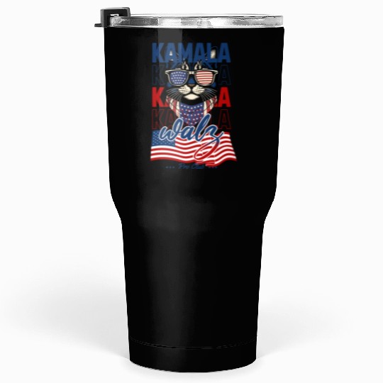 Patriotic Cat with Sunglasses and Kamala-Walz 2024 Tumblers 30 Oz