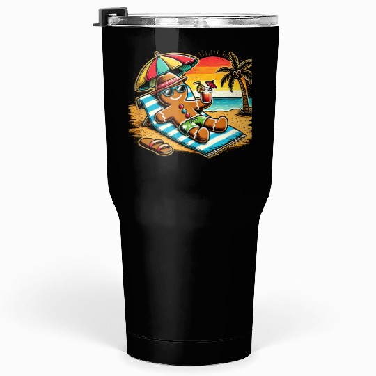 Gingerbread Man Relaxing on the Beach Tumblers 30 Oz