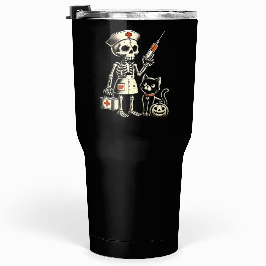 Creepy Nurse Skeleton with Pumpkin and Black Cat Tumblers 30 Oz