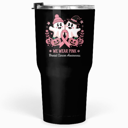 In October Wear Pink Ghost Witch Breast Cancer Tumblers 30 Oz