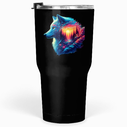 Colorful Wolf and Sunset Forest Tumblers 30 Oz