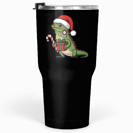 Christmas Iguana Present Candy Cane Santa Hat Tumblers 30 Oz