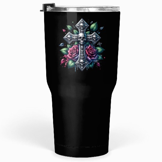 Gothic Collection - Cross, Skulls & Red Roses Tumblers 30 Oz