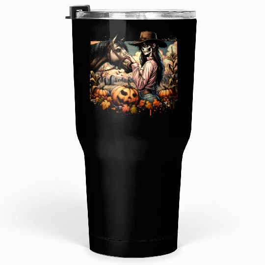 Haunting Cowgirl and Horse in Halloween Graveyard Tumblers 30 Oz
