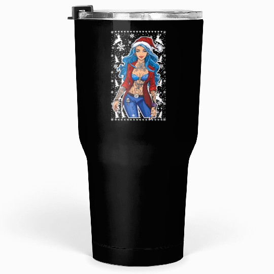 03 Sexy Christmas Woman Blue Hear Deer Tattoos Tumblers 30 Oz