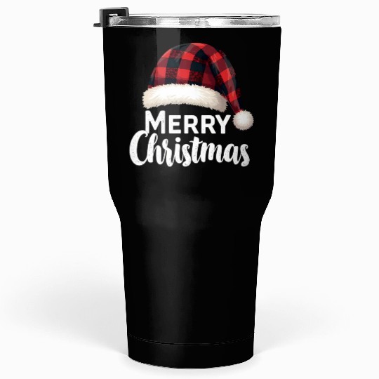 Merry Christmas Buffalo Plaid Red Santa Hat Xmas Tumblers 30 Oz