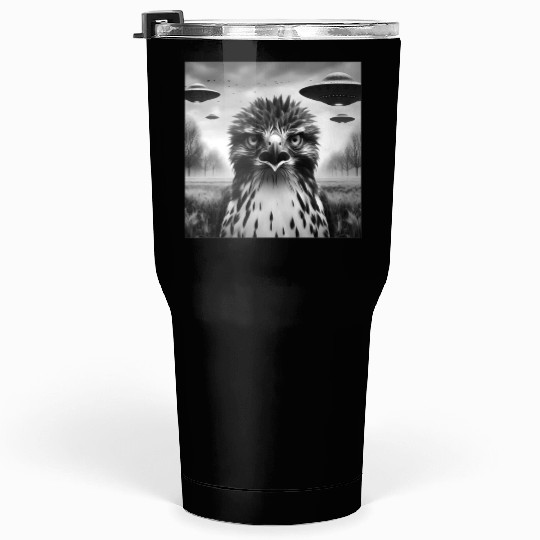 Hawk falcon Funny Graphic Selfie with UFOs Weird Tumblers 30 Oz