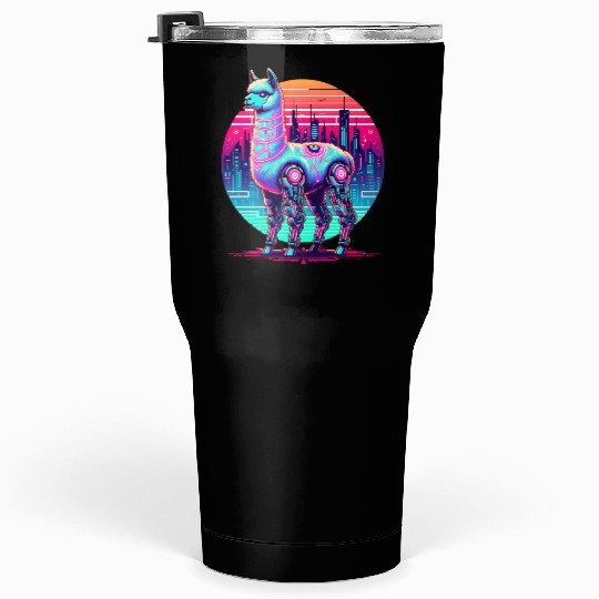 Futuristic Cyber Llama in Neon Cityscape Tumblers 30 Oz