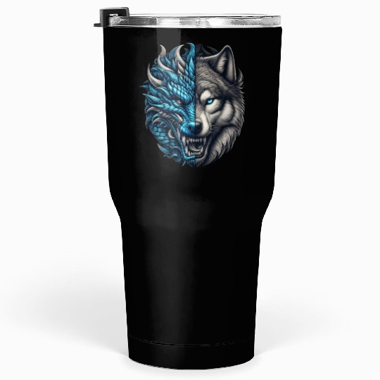 Dragon Wolf Fusion - Epic Beast Split Face Art Tumblers 30 Oz