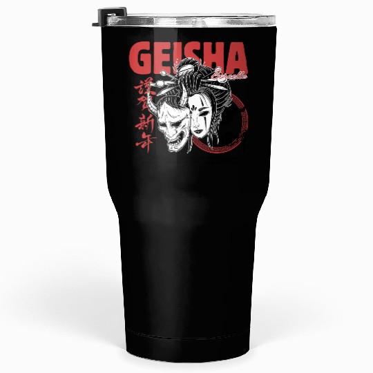 Geisha Mask – Red & Black Japanese Streetwear Tumblers 30 Oz