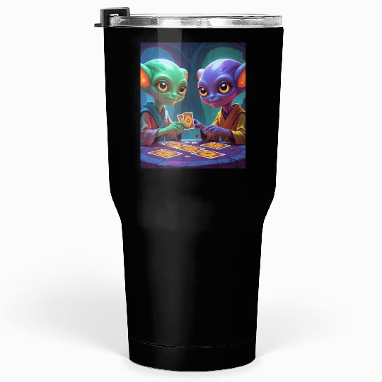2 ALIENS PLAYING CARDS AND HAVING FUN 3 Tumblers 30 Oz