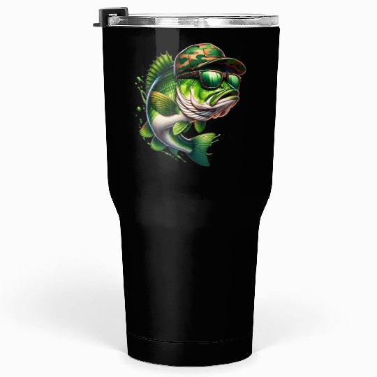 Camo Hat Bass Fish with Green Sunglasses Tumblers 30 Oz