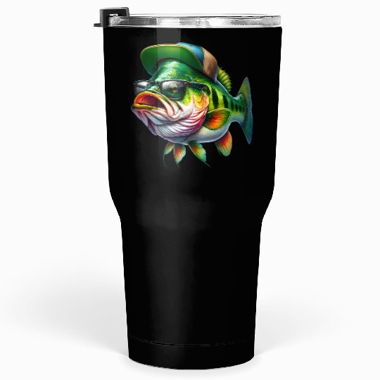 Cool Bass Fish with Green Hat and Glasses Tumblers 30 Oz