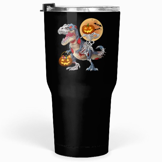 Pumpkin Skeleton Riding Zombie Dinosaur Halloween Tumblers 30 Oz