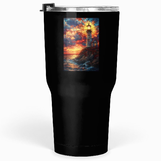 Stained Glass Lighthouse Sunset Tumblers 30 Oz