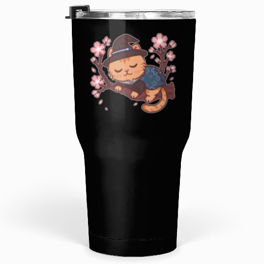 Kawaii Wizard Cat Sleeping on Sakura Tree – Magic  Tumblers 30 Oz