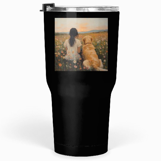 Serene Sunset with Girl and Dog Artwork Tumblers 30 Oz