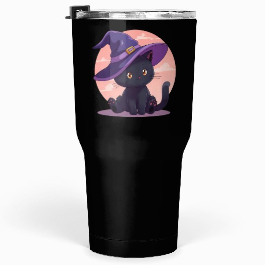 Whimsical Halloween Cat with Witch Hat Tumblers 30 Oz