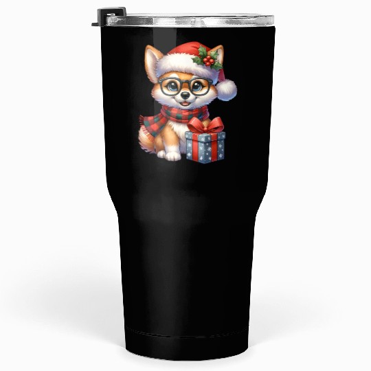 Festive Holiday Pug with Glasses and Gift Tumblers 30 Oz