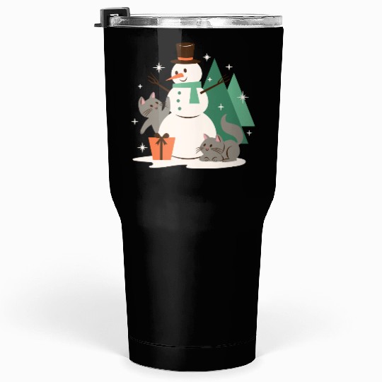 Festive Snowman with Cats and Pine Trees Tumblers 30 Oz